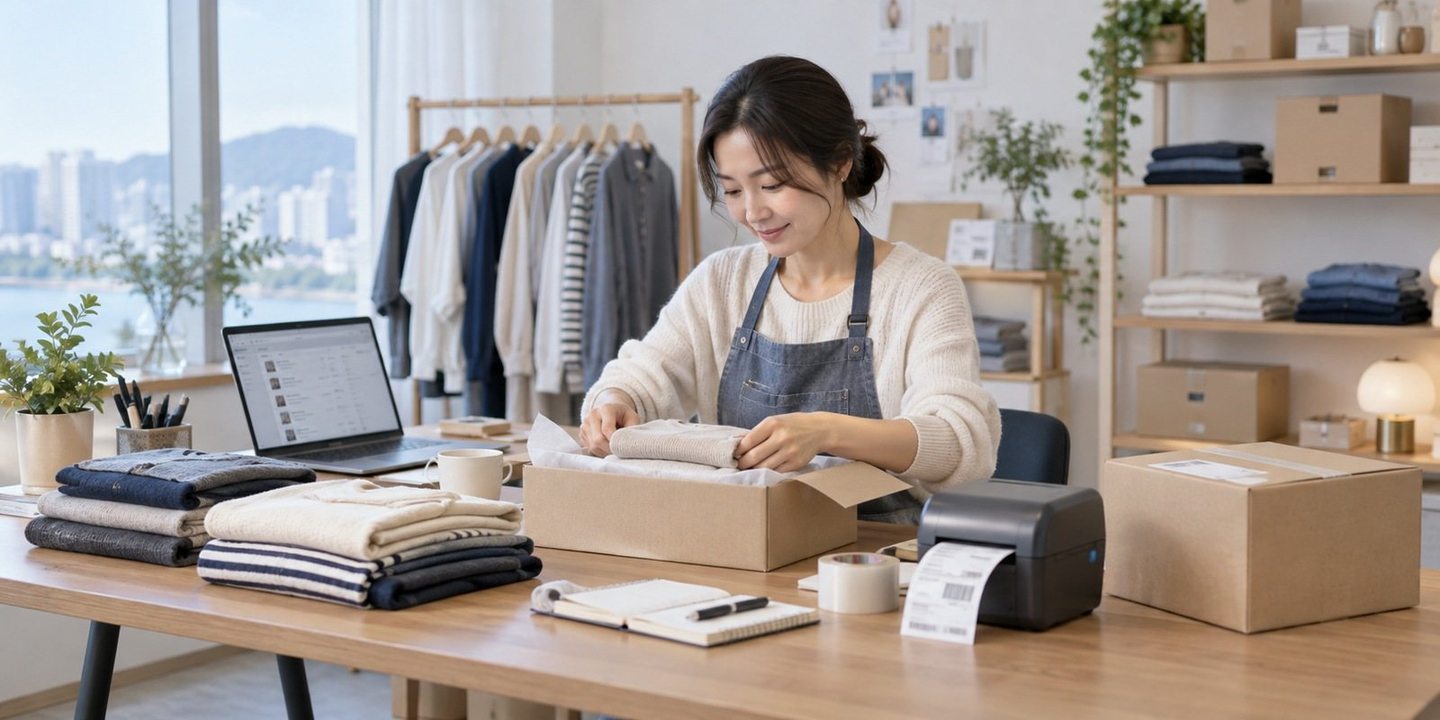 상품 포장 공간에서 노트북으로 업무를 보는 운영자 — PG사 결제 등록증 받은 그 주에, 첫 PG사 결제를 무료 개통으로 엽니다.