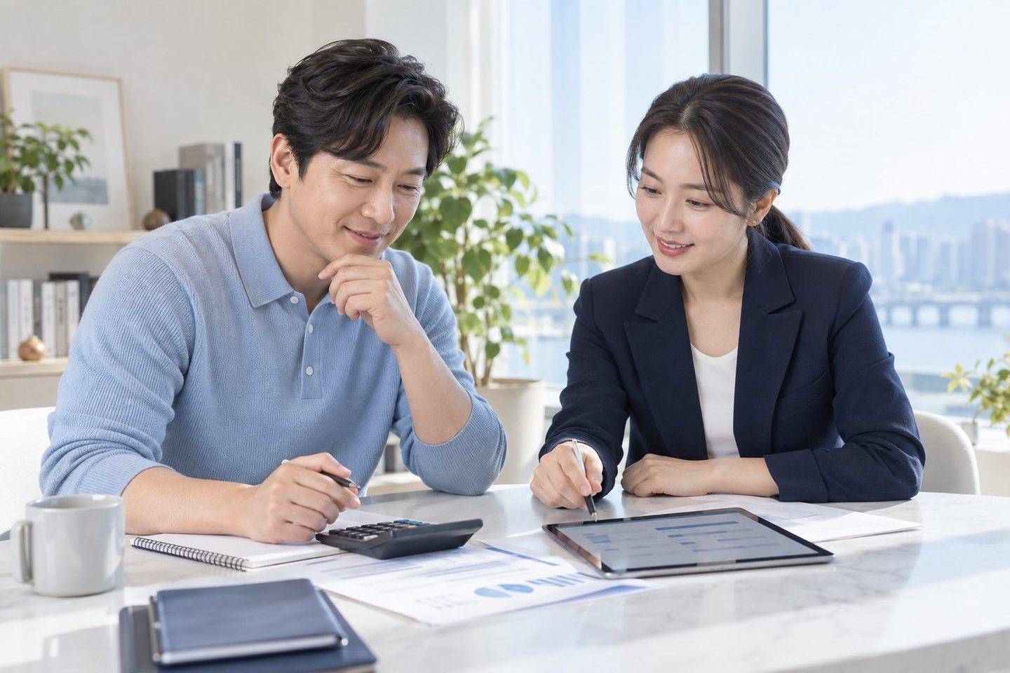 테이블에서 계약 내용을 확인하는 두 사람 — PG사 결제 계약서계약서, 숫자로 적혀 있어야 마음이 놓여요. 연락 주시면 서명 전에 한 줄씩 같이 읽어 드려요.