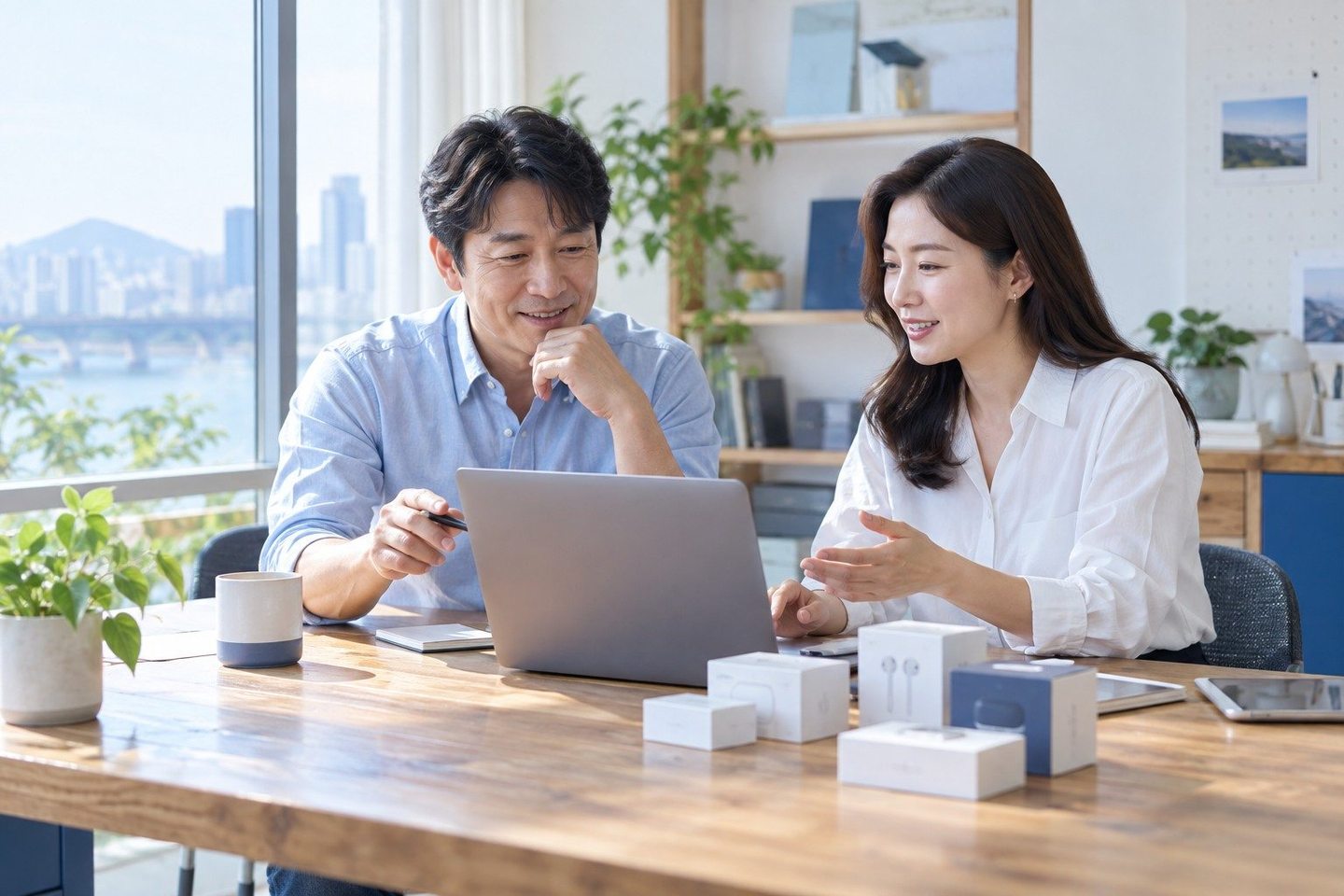 나란히 앉아 서류의 항목을 확인하는 두 사람 — PG사 결제 당일 개통당일 개통, 서류만 맞으면 오늘도 돼요. 연락 주시면 개통부터 첫 정산까지 이어 드려요.